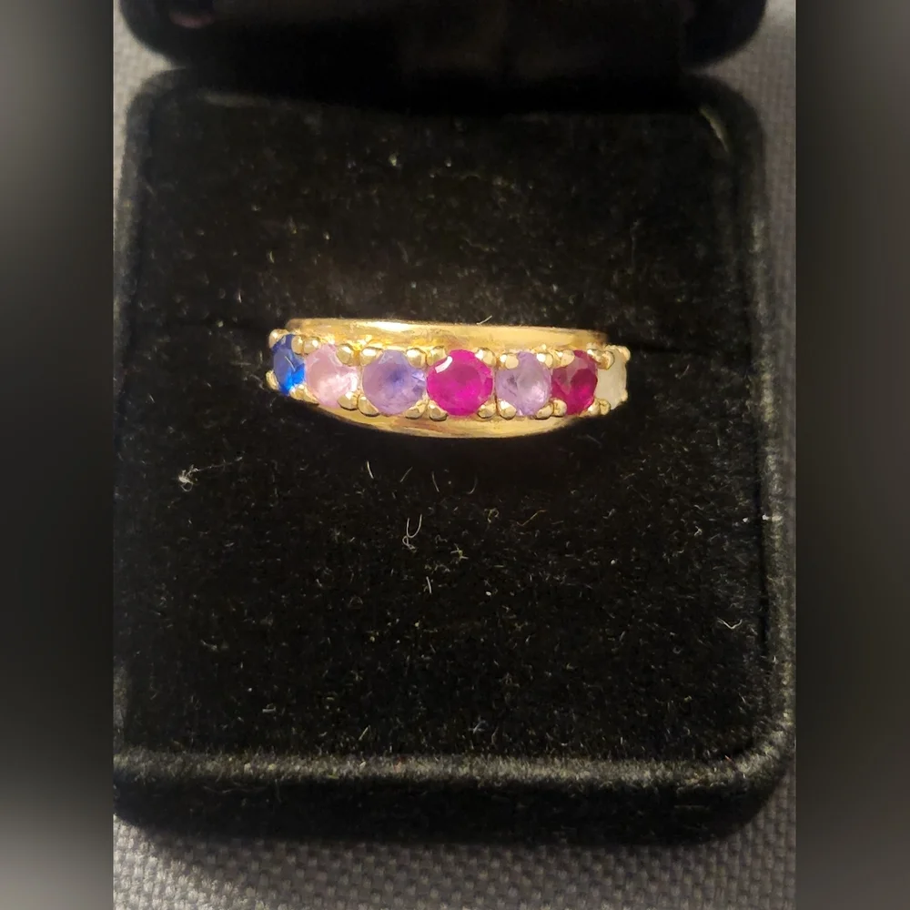 10K Gold Genuine Ruby Sapphire Amethyst Rainbow Band Ring